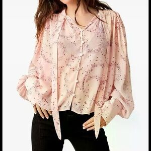 Free People‎ Stars Align Printed Top Blouse Tie Neck Detail Smocked Yoke size S